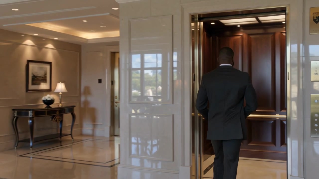 Holding key fob, suited man walking into wooden elevator lobby, escorting senior in navy blazer