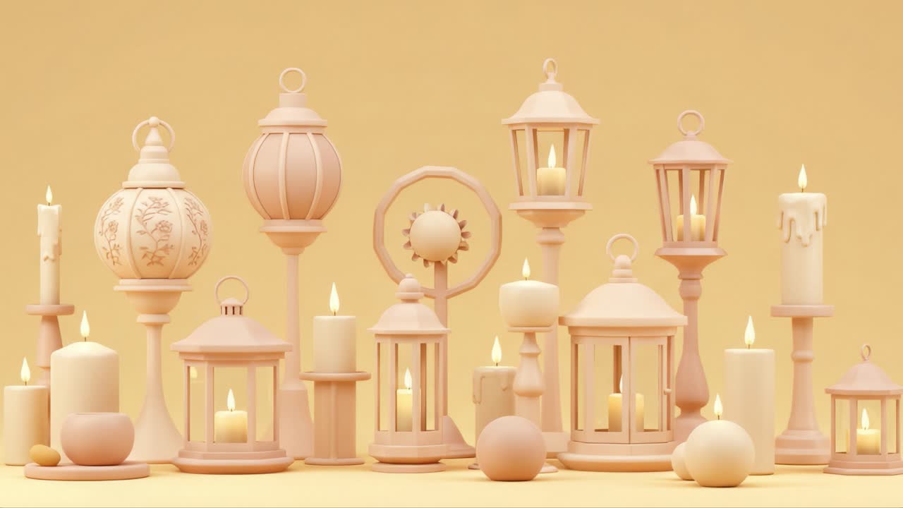 A Beautiful Collection of Elegant Lanterns and Candles in Soft Pastel Pink Against a Warm Yellow Background Creating a Cozy and Inviting Atmosphere