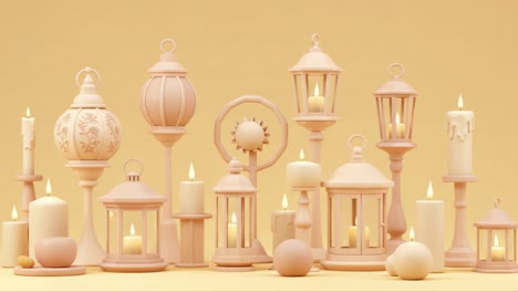 a beautiful collection of elegant lanterns and candles in soft pastel pink against a warm yellow background creating a cozy and inviting atmosphere
