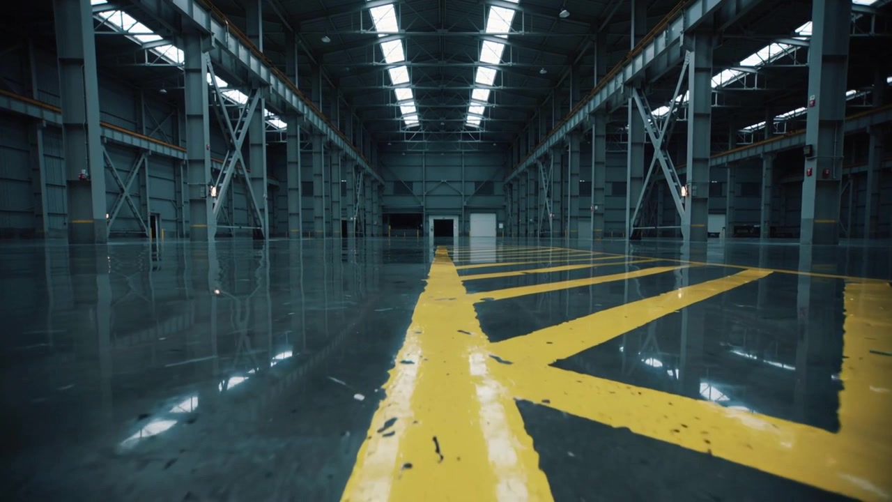 Carrellata della telecamera verso un chevron giallo che rivela usura e detriti sul pavimento dell'hangar per mostrare i lucernari.