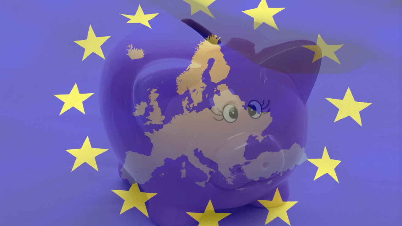 mapa de la ue con estrellas amarillas en círculo contra una persona que pone un billete de euro en una alcancía
