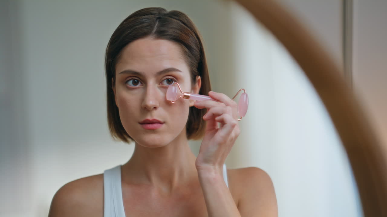 Lady massaging face roller in bathroom home closeup. Woman using quarts massager