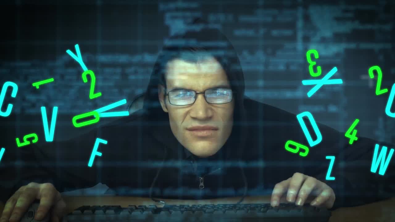 animación de números y procesamiento de datos sobre hacker caucásico usando computadora