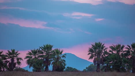 timelapse unveils the beauty of mountain silhouettes beneath blushing skies, with palm trees in the foreground