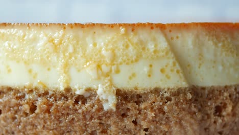 close-up of a creme caramel cake slice