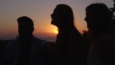 amigos en silueta hablando en un techo al atardecer, de cerca, filmado en r3d