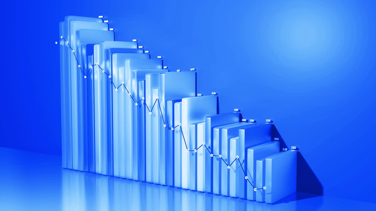 Abstract infographics. Crisis, stagnation and recession concept. Downgrade graph from columns. Economic loop background with copy-space in 4k. Beautiful 3d bars as chart of statistic data in blue.