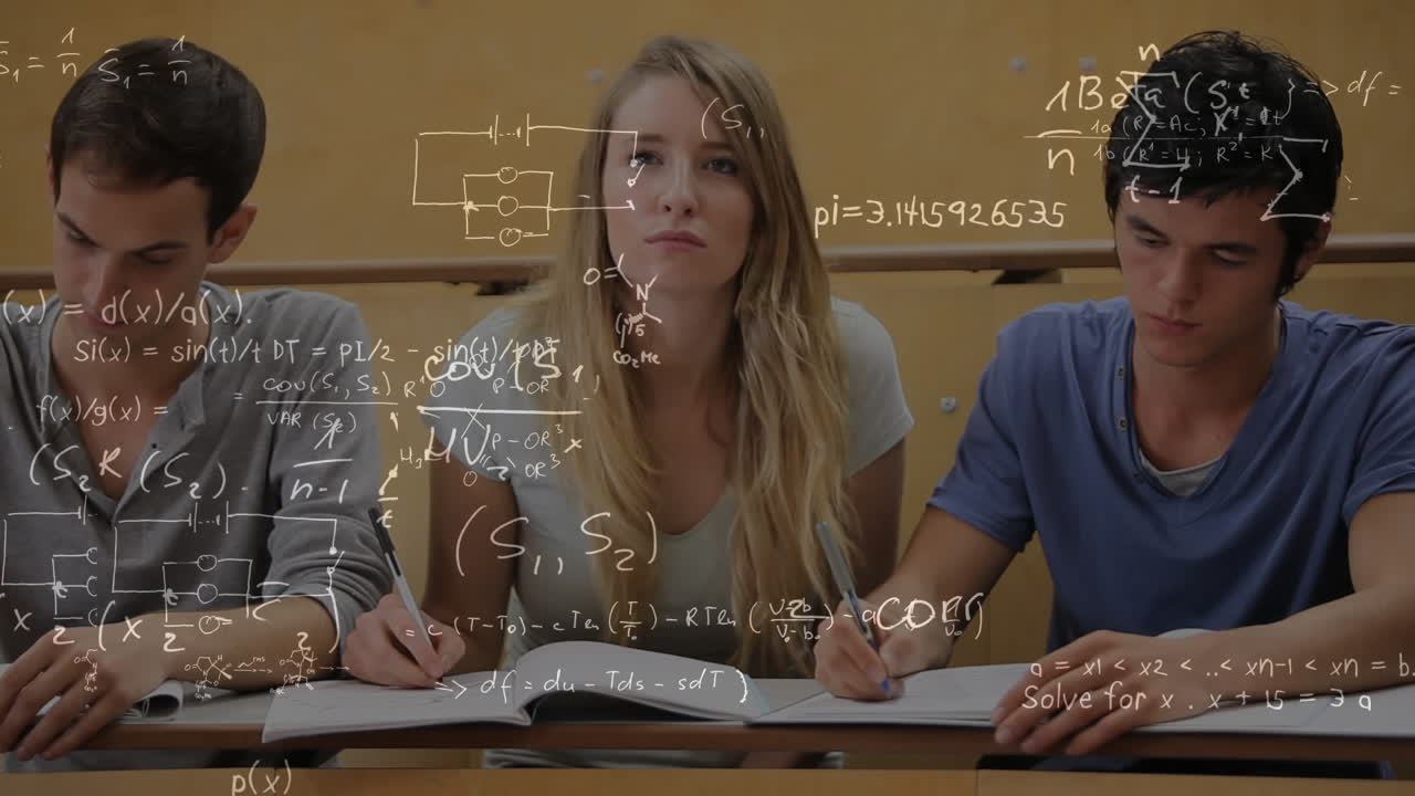 математические символы со студентами на заднем плане