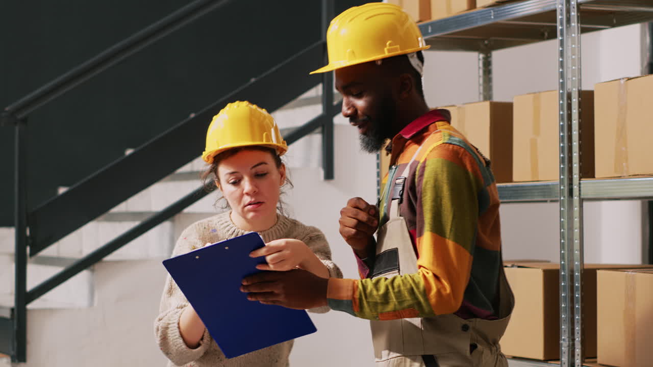 trabajadores del almacén discutiendo el inventario