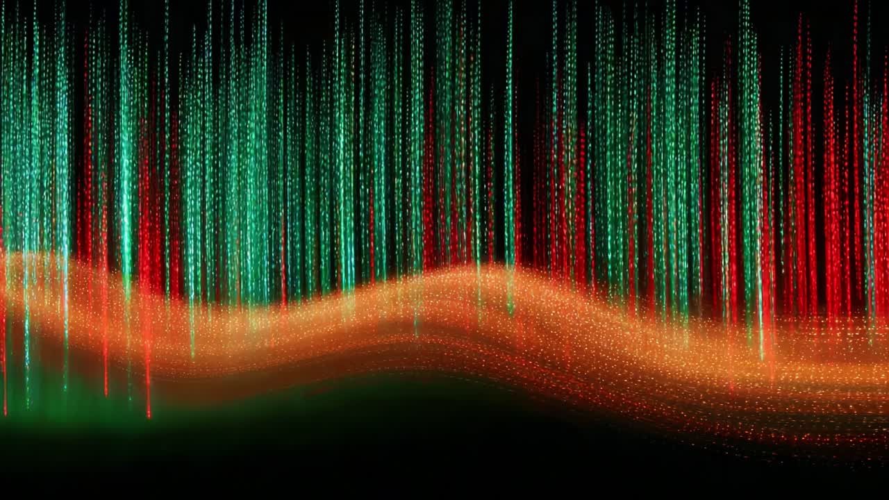 Vibrant Light Waves in a Colorful Spectrum: An Abstract Representation of Flickering Lights in Green, Red, and Orange Hues Creating a Captivating Visual Experience through Fluid Motion and Rhythm