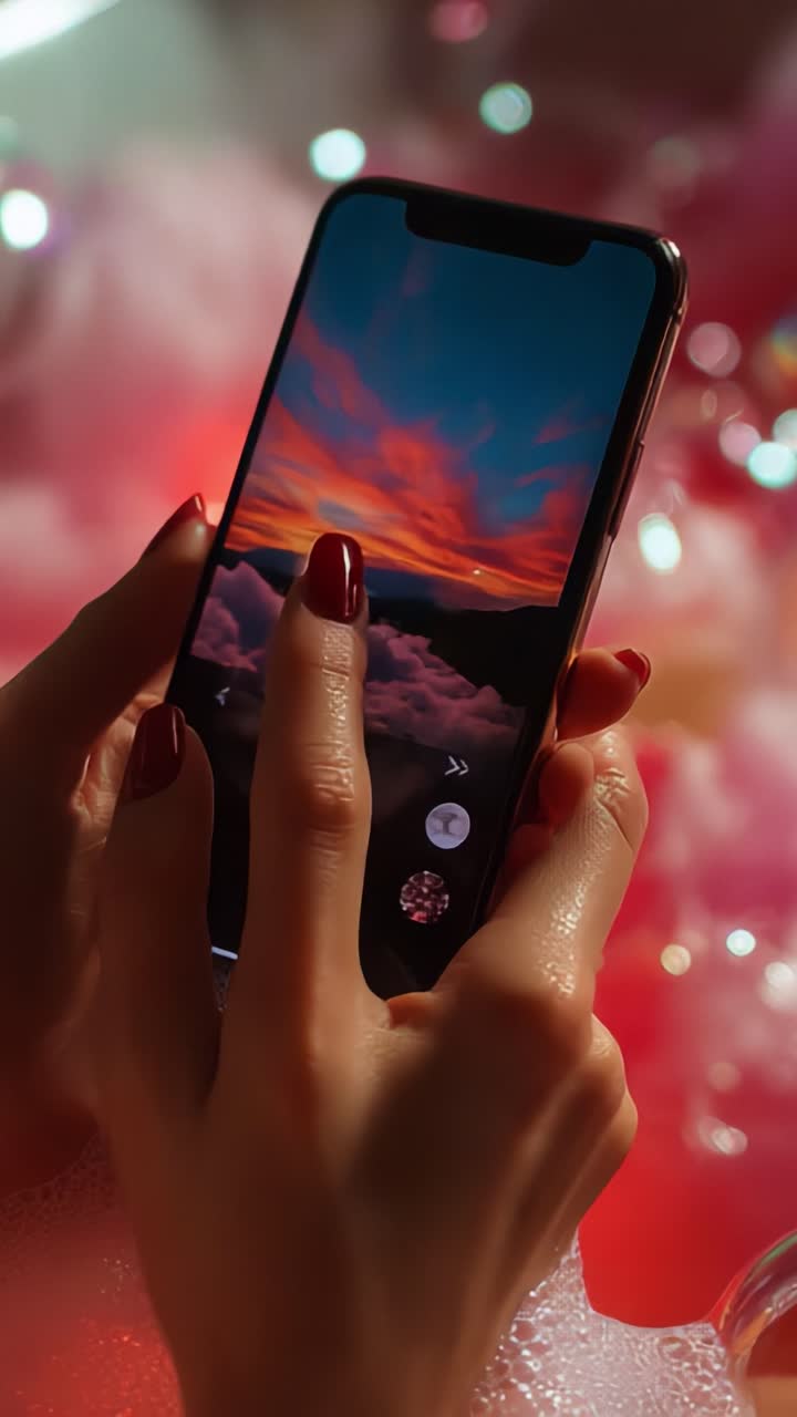 Capturing Serenity: The Beauty of a Sunset Reflected in a Smartphone While Relaxing in a Bubbly Bath Setting, Merging Technology and Nature's Splendor in a Tranquil Atmosphere