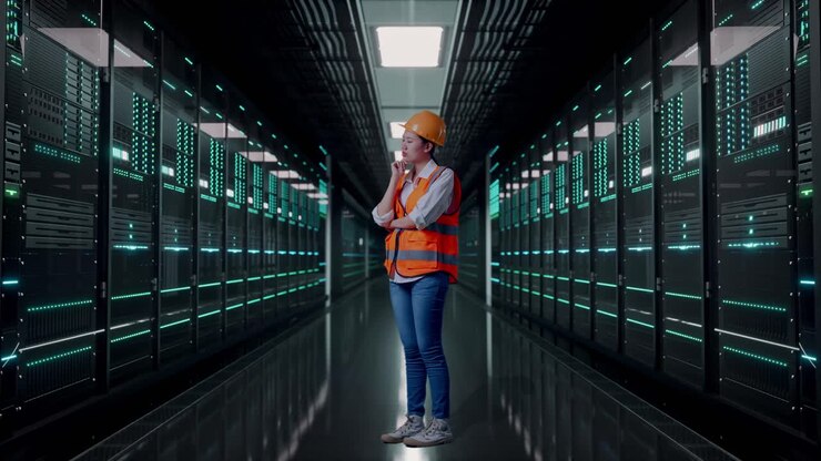Vista laterale a figura intera di un'ingegnera asiatica con casco di sicurezza, che pensa a qualcosa e si guarda intorno mentre è in piedi in una sala server di un data center.