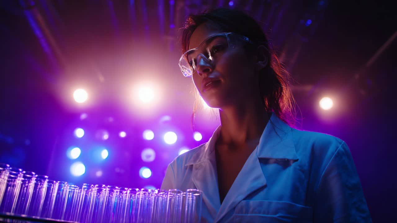 A focused scientist in a lab coat examines test tubes under vibrant lighting, showcasing the blend of science and aesthetics in a modern laboratory setting, highlighting the meticulous nature of experimental work
