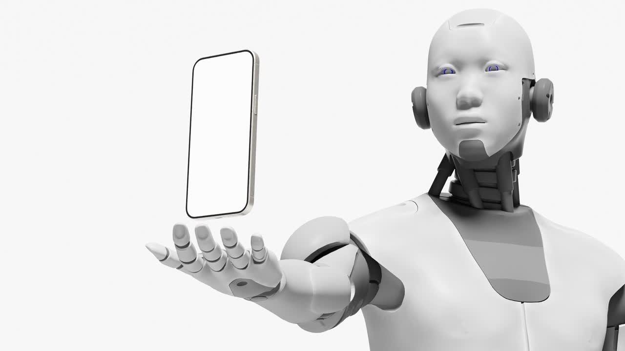 Prototipo di robot umanoide che regge nel palmo delle mani uno smartphone moderno con display a schermo bianco vuoto per una pubblicità promozionale.