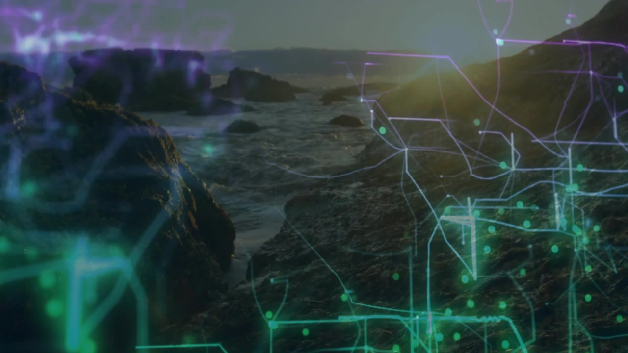 Rocky shore and ocean dominating while neon nodes overlay forming from edges, mapping coastal data