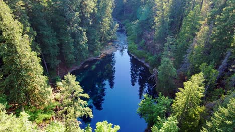 blue alpine lake pullback aerial in forest mountains 4k slow motion