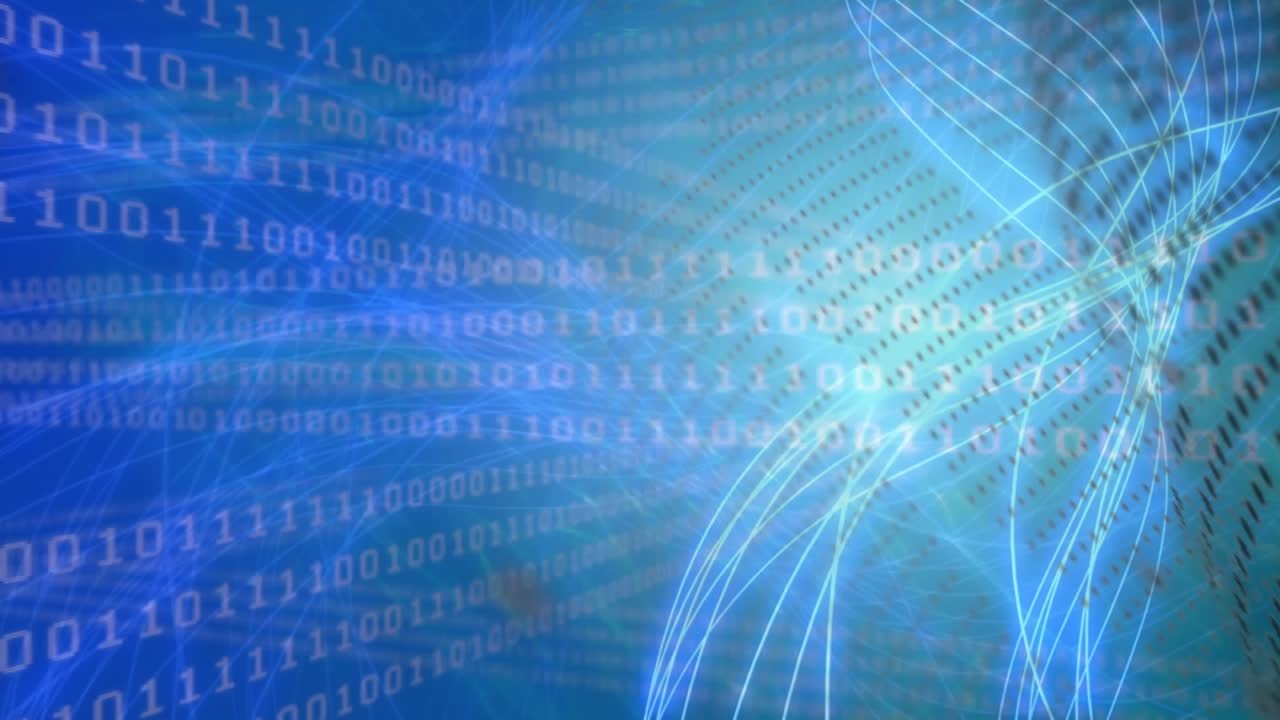 Animation of data processing with globe over light trails on blue background