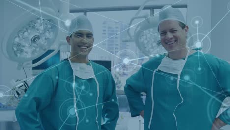 Animation-of-connecting-dots-with-smiling-caucasian-male-surgeons-in-operating-room