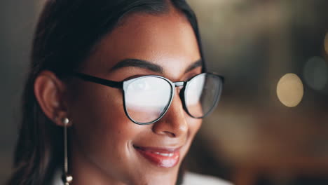 face, night and happy woman in office