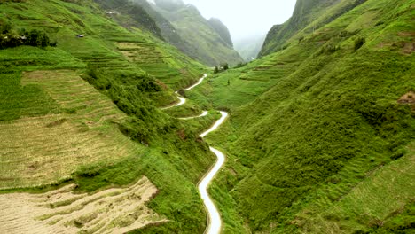 Aerial-shot-of-a-winding-road-making-it's-way-through-a-lush-green-valley-in-the-beautiful-ma-pi-leng-Pass