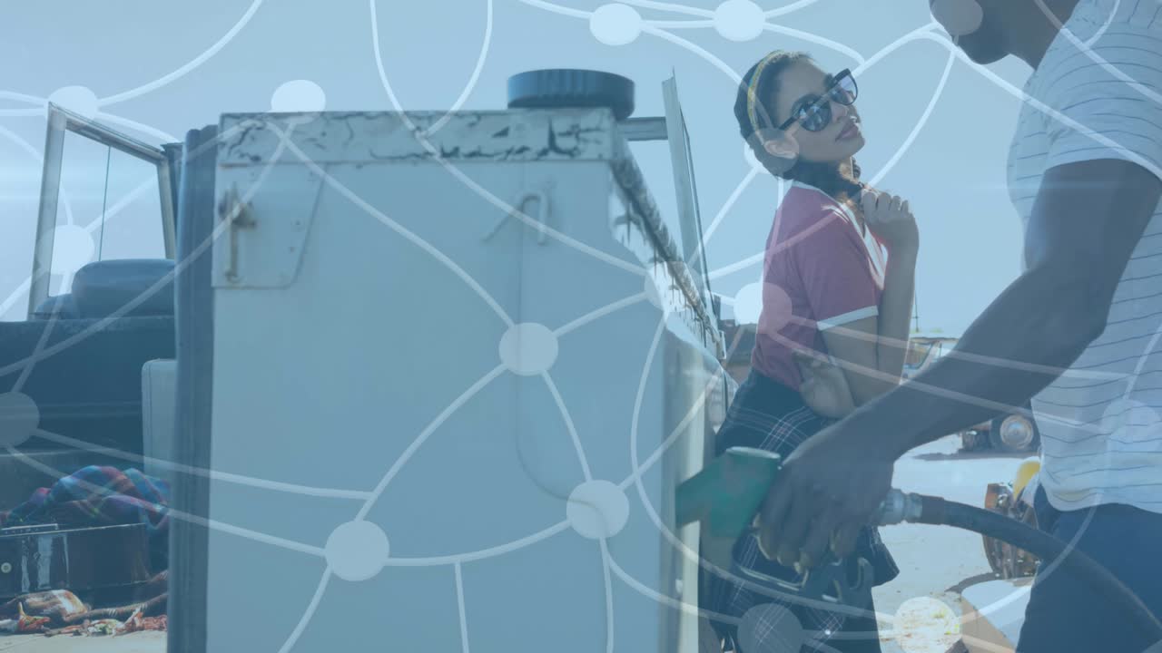 가스 스테이션에서 사람들 위에 금융 데이터 처리의 애니메이션