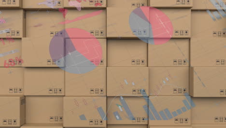 animación del procesamiento de estadísticas sobre una pila de cajas de cartón en el fondo