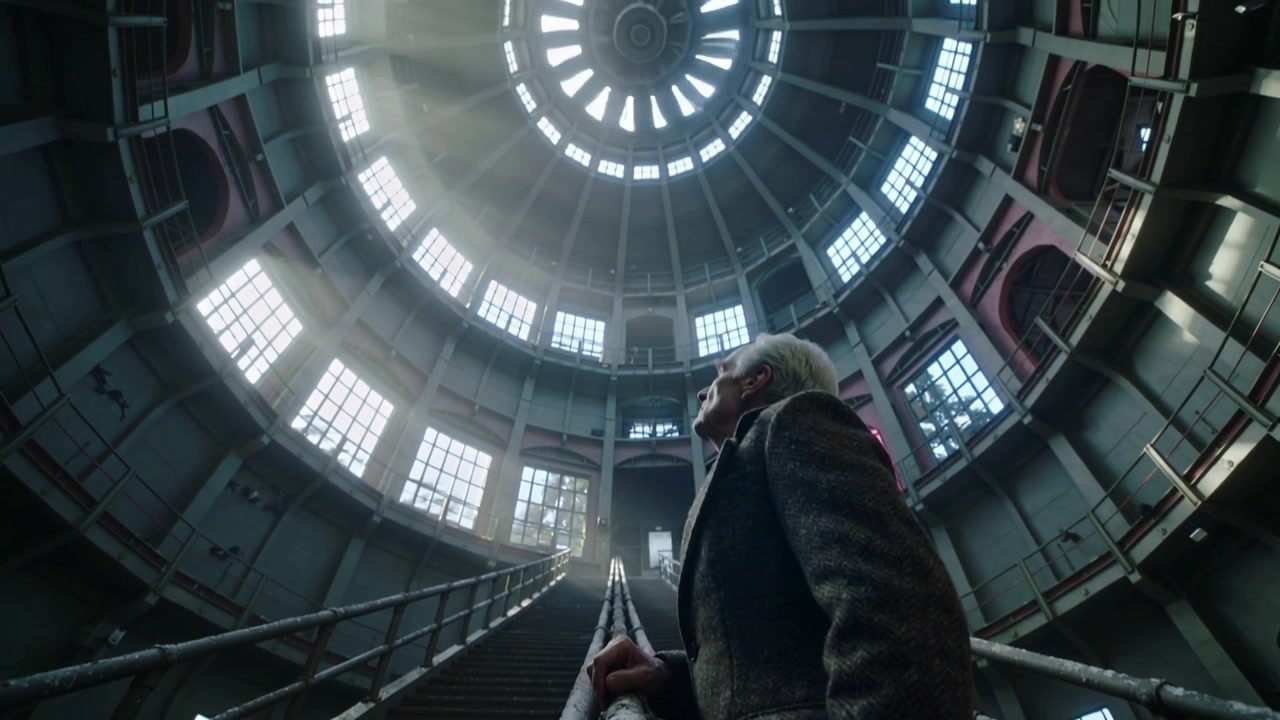 Entering senior in coat holding metal handrail in rotunda looking at dome toward doorway