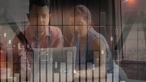 animation of financial data processing over diverse business people using laptop in office