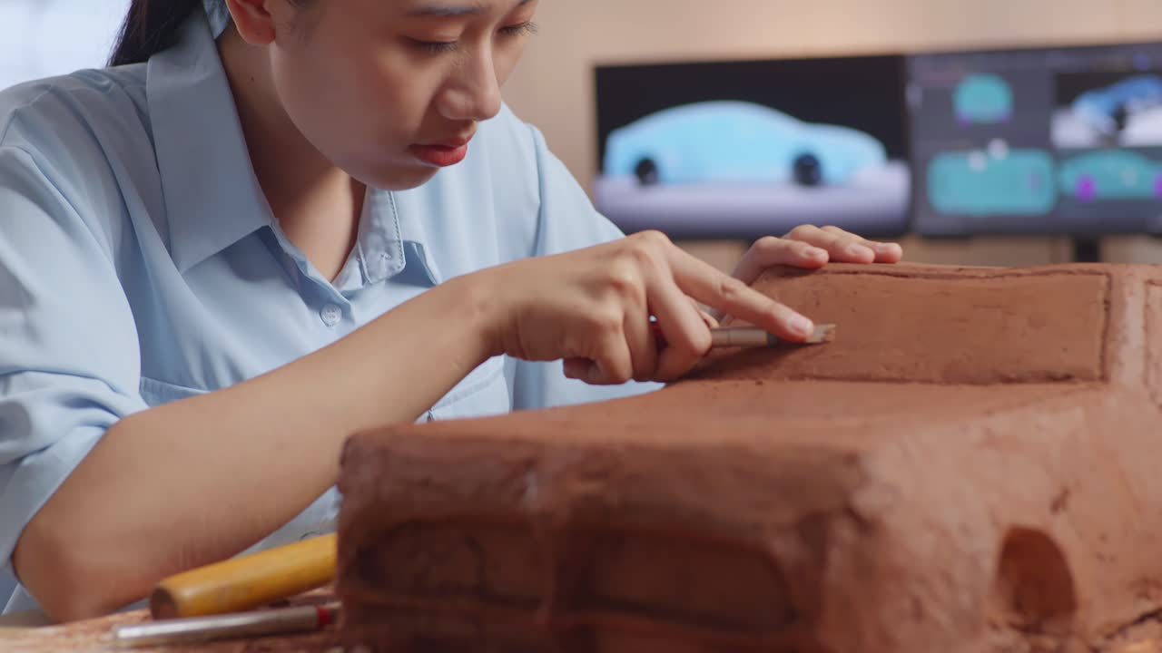 близкий взгляд на азиатскую женщину-автомобильного дизайнера, которая работает над скульптурой из автомобильной глины, используя нож, чтобы сгладить поверхность и создать детали в дизайне в студии.
