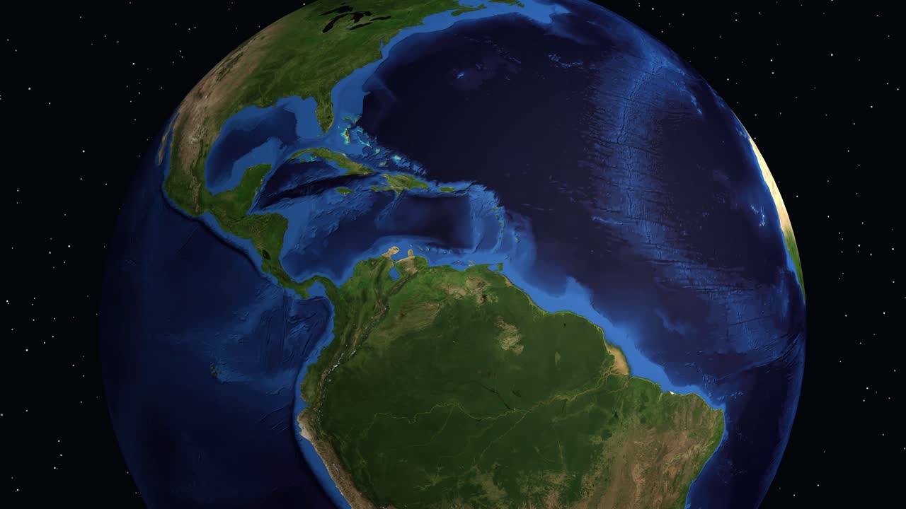 Terra Digitale che Ruota e si Avvicina a San Andrés, Colombia, con Sovrapposizione di Dati Testuali Informativi