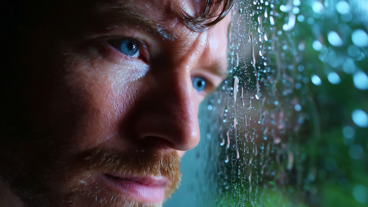 A contemplative man gazes through a rain-soaked window, lost in thought and reflection as droplets cascade down the glass, capturing a moment of introspection and emotional depth in a serene setting
