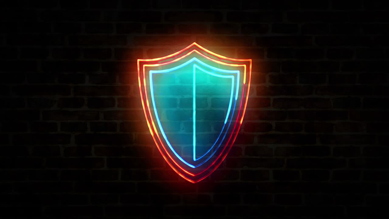 Shield cyber security symbol neon on brick wall