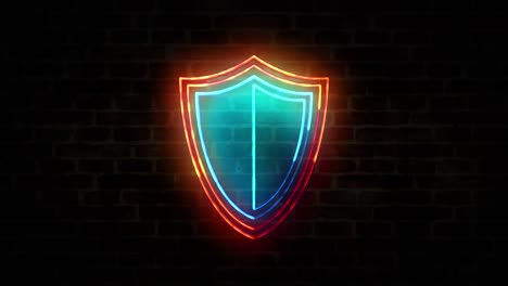 shield cyber security symbol neon on brick wall