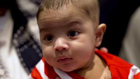 close up of cute uk asian indian baby boy starring into space whilst being patted on his back