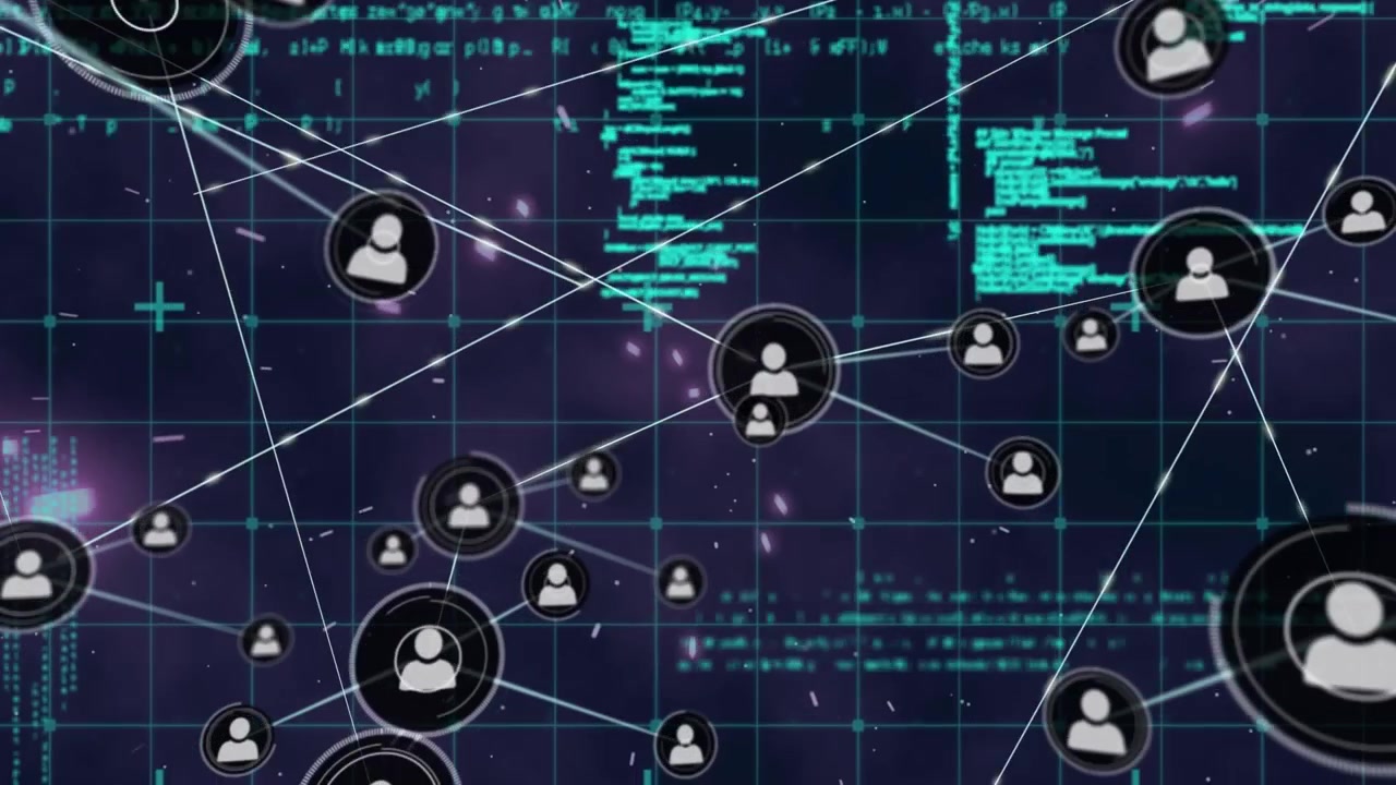 Animation of network of connections with icons over shapes on blue background