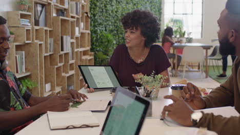 Gente-De-Negocios-Feliz-Reuniéndose-Con-Una-Mujer-Líder-Del-Equipo-De-Lluvia-De-Ideas-Compartiendo-Datos-Financieros-Usando-Tecnología-De-Tableta-Choca-Esos-Cinco-Colega-Presentando-Una-Estrategia-Exitosa-En-La-Sala-De-Juntas