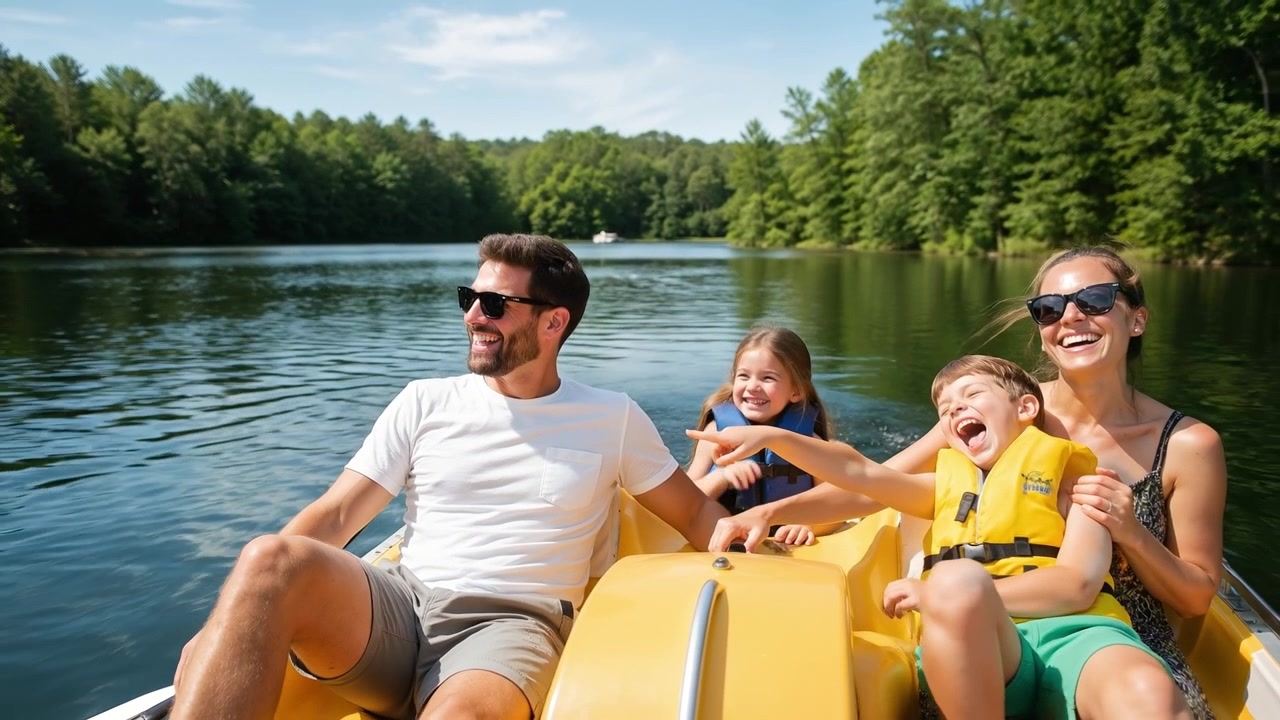 Famiglia felice con due bambini che si gode un giro in pedalò su un lago calmo.