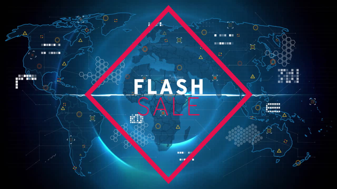 Flash sale animation over digital world map with data and network symbols