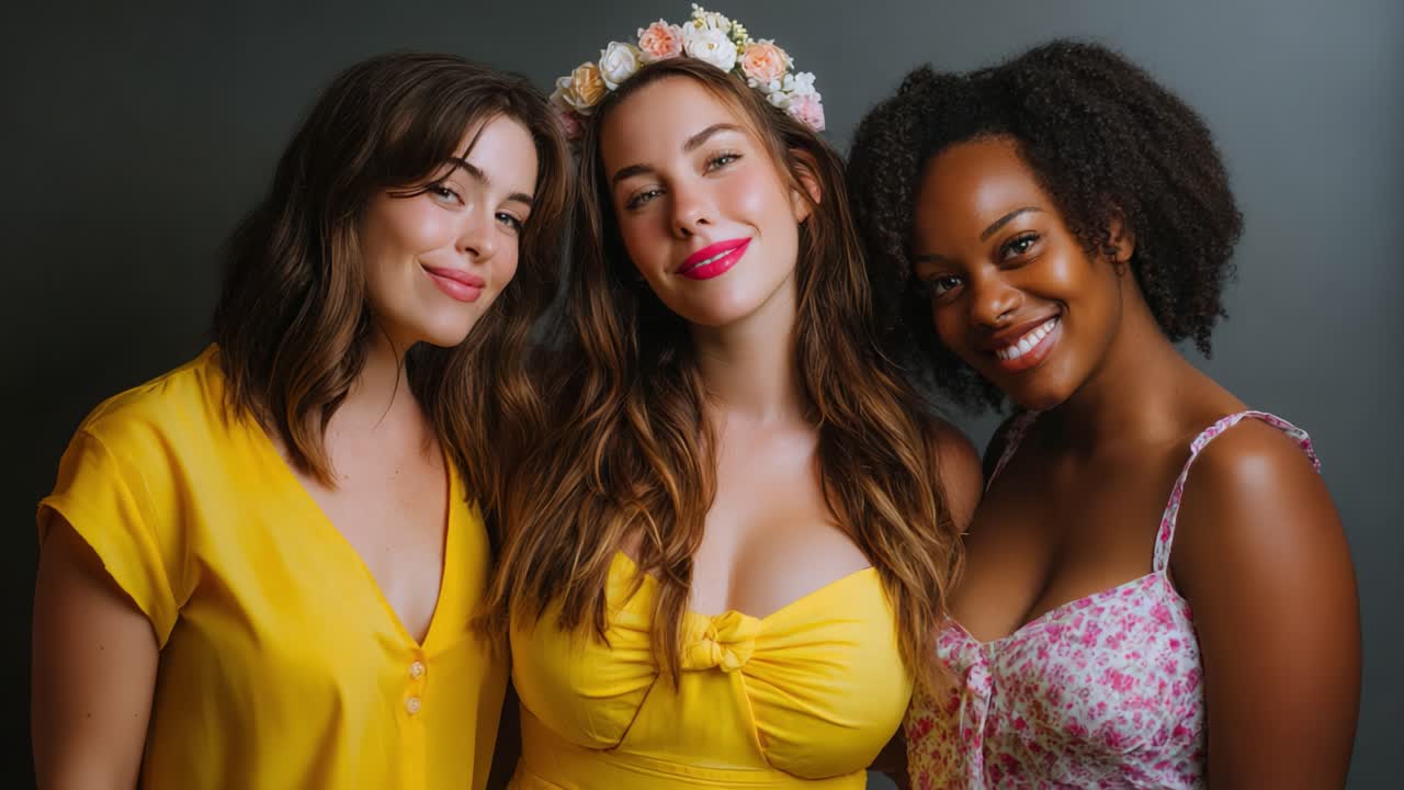 A joyful moment captured in two frames, featuring three women showcasing vibrant personalities, wearing colorful outfits and floral accessories, highlighting beauty and friendship in a warm, inviting atmosphere
