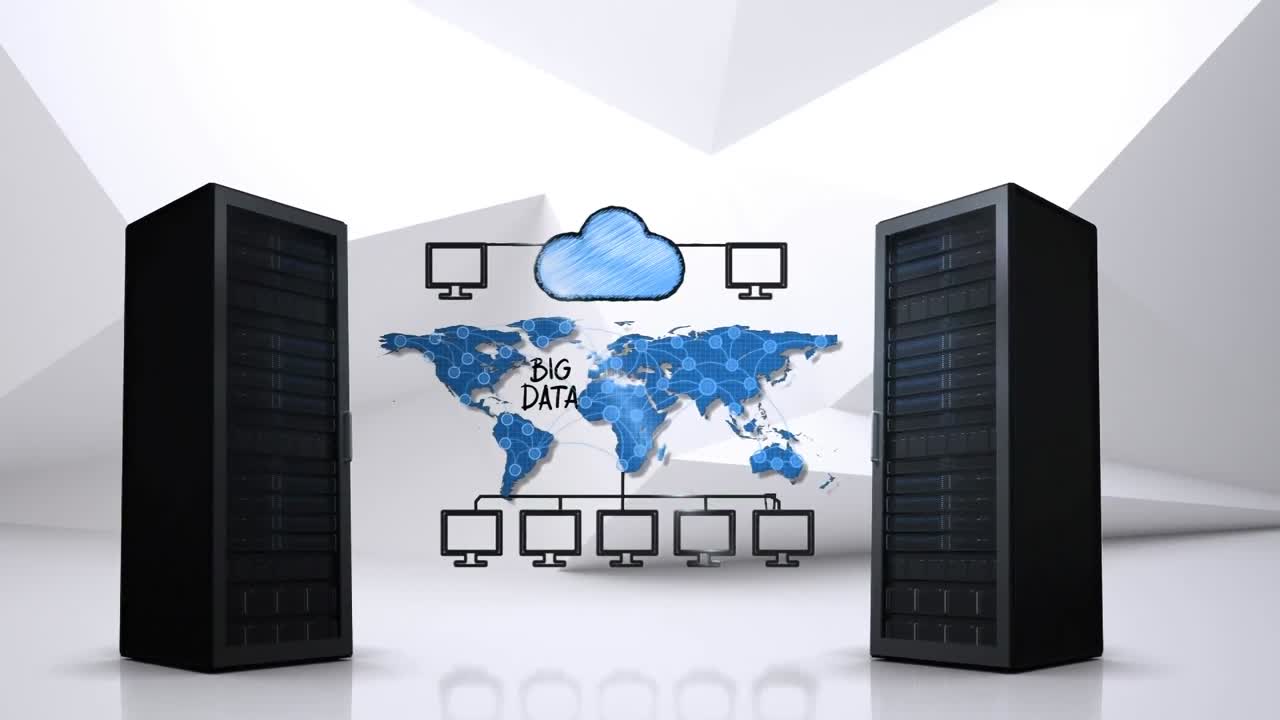 Animation of server with big data text and icons over white background