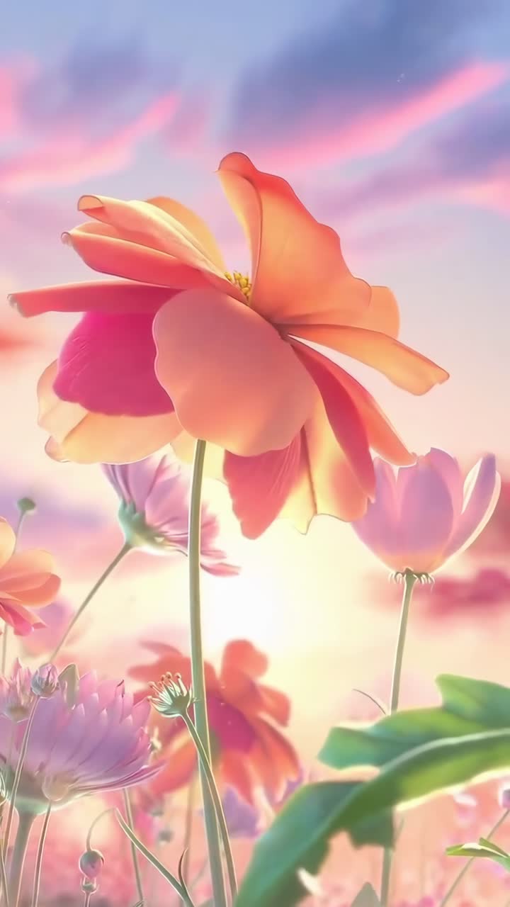 Fiori vivaci a fuoco morbido, inquadratura dal basso, perfetta per lo sfondo di un video naturalistico sognante.
