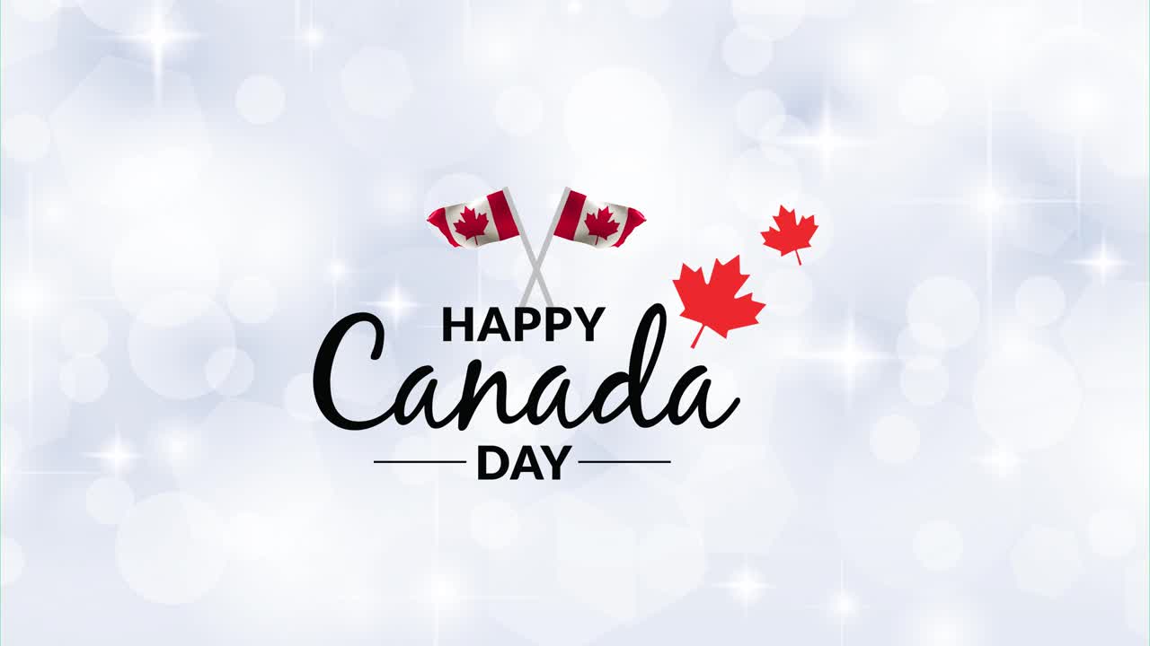 Auguri per il Giorno del Canada visualizzati su uno sfondo texturizzato con foglie d'acero e bandiere canadesi in movimento.