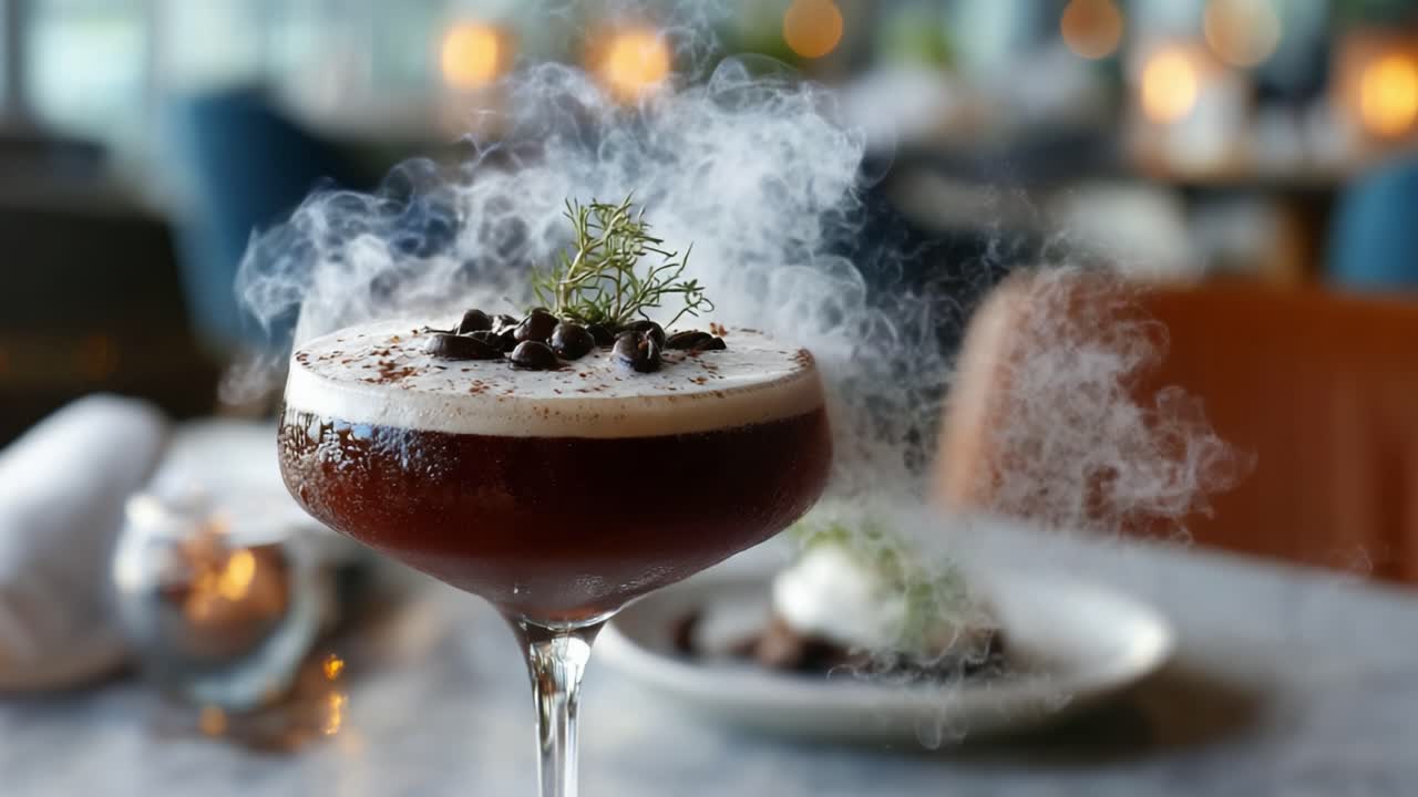 A Stunning Cocktail Experience: Capturing the Essence of an Elegant Smoke-Infused Drink Garnished with Coffee Beans and Fresh Herbs in a Chic Setting