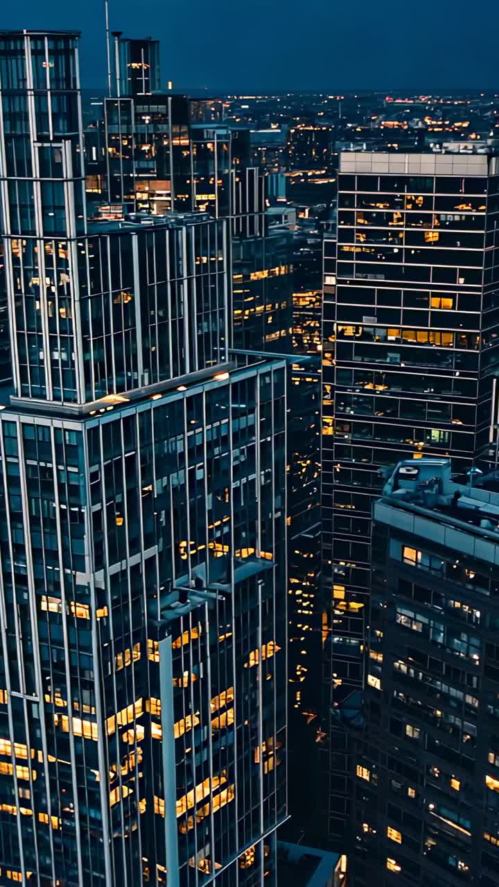 Vertical video: Dusk arriving over downtown core causing towers glowing with lights, city skyline