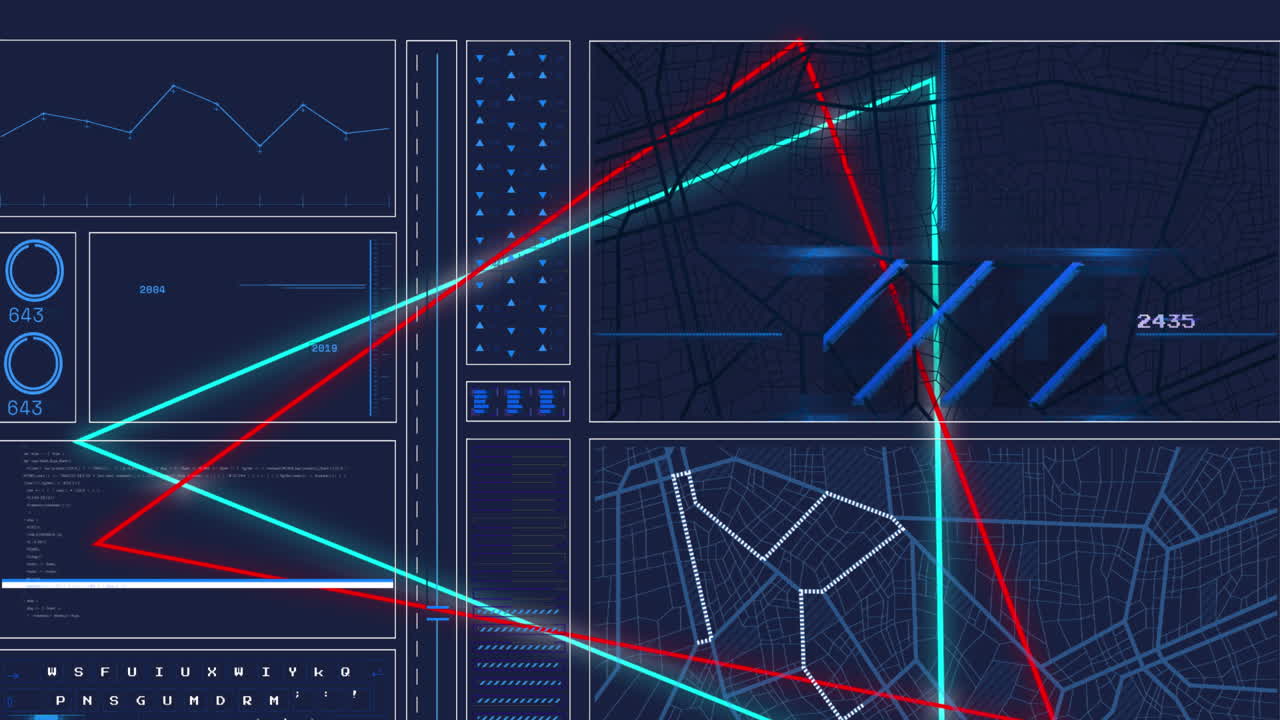 animación de triángulos sobre círculos de carga, gráfico y patrón de navegación contra un fondo negro