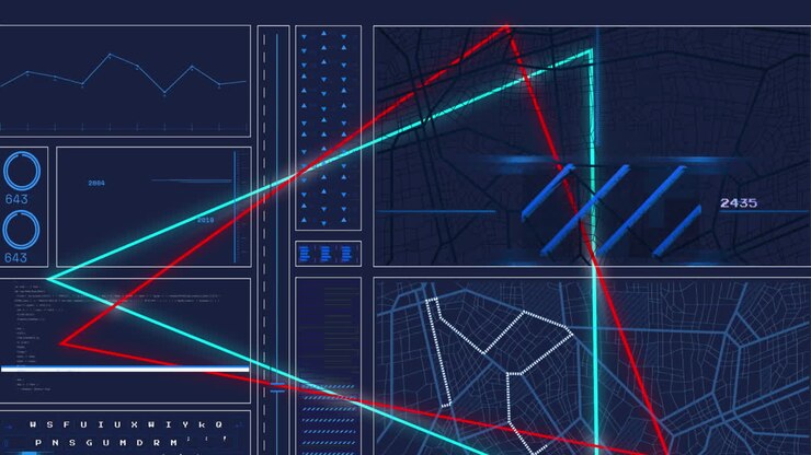 Animation af trekanter over indlæsningscirkler, graf og navigationsmønster mod sort baggrund