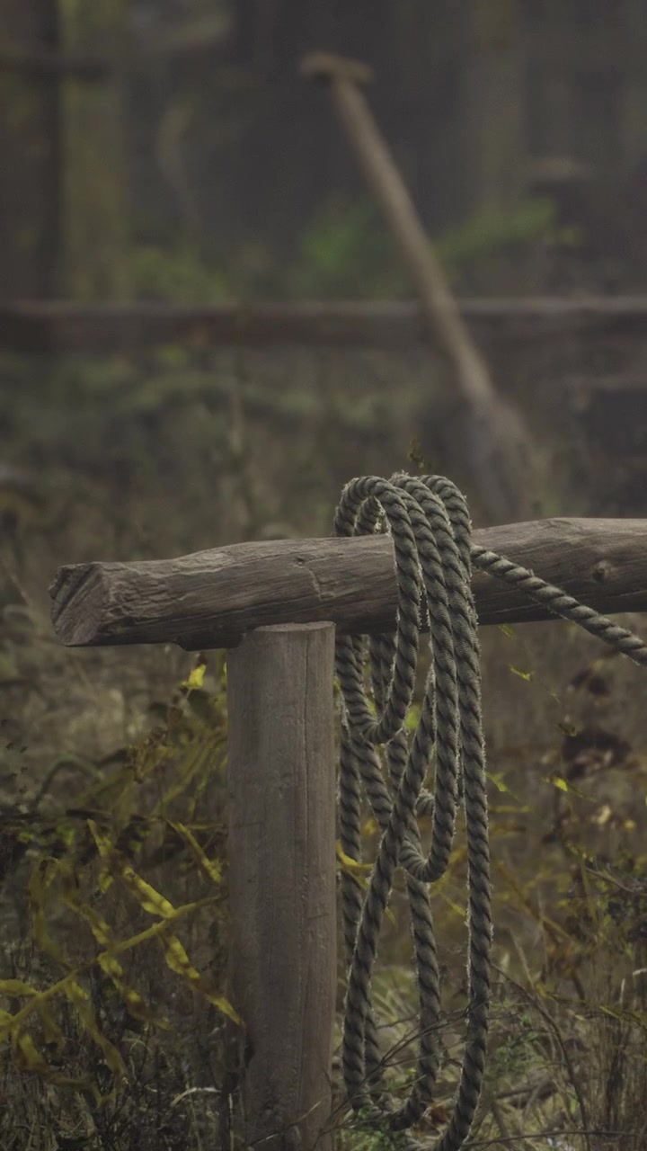 Corda legata a una staccionata di legno in una foresta nebbiosa con la luce del mattino.