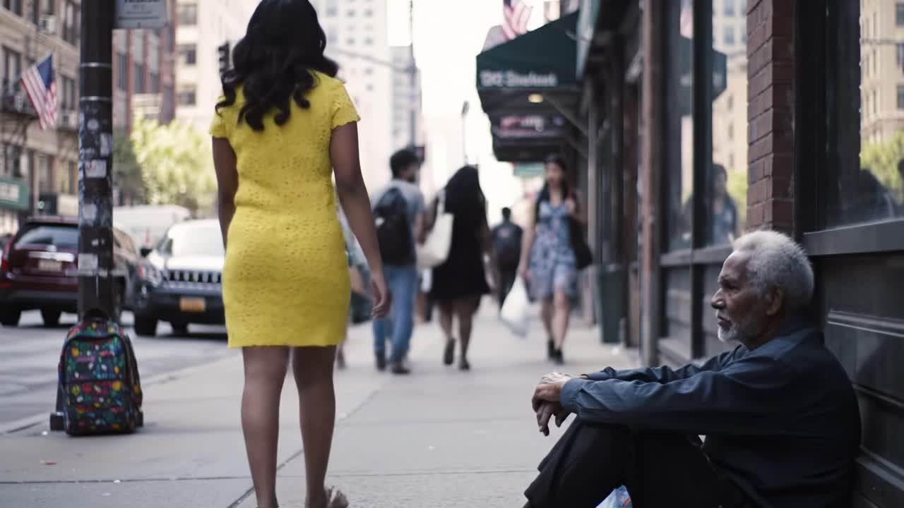 A woman in a bright yellow dress walks past a man sitting on the sidewalk in a busy urban area. People are going about their day as they navigate the street in the city.