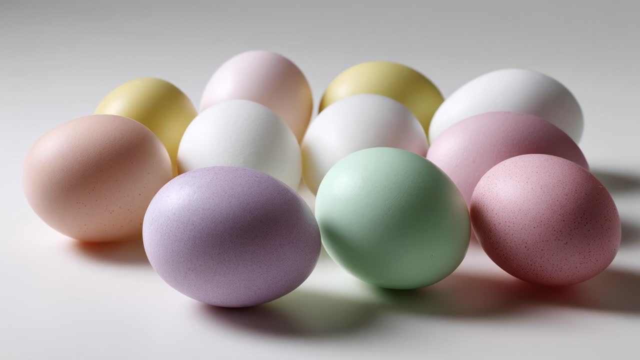 Colección Colorida de Huevos Decorativos Exhibidos sobre un Fondo Claro, Evocando la Primavera y las Festividades con una Variedad de Tonos Pastel y Diseños Únicos.