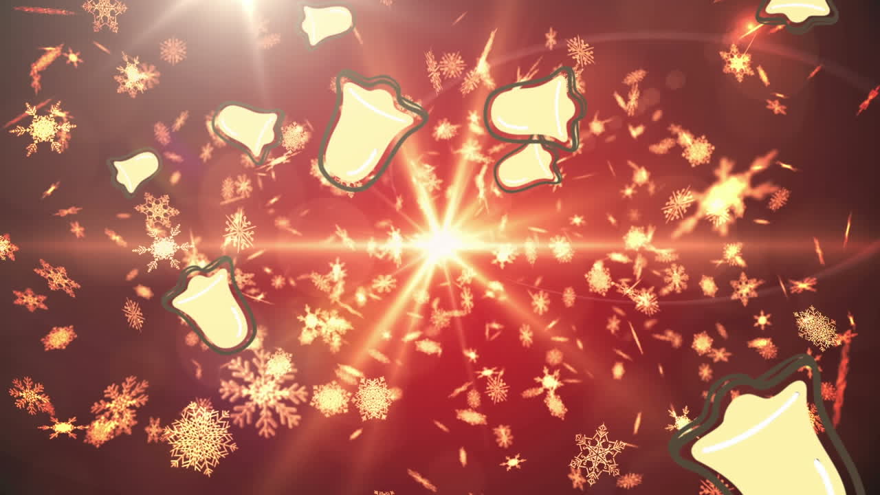 빨간색 배경에 스포트라이트와 함께 떨어지는 종과  눈송이의 애니메이션